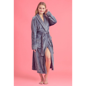 Women Plush Shawl Collar Robe Gray